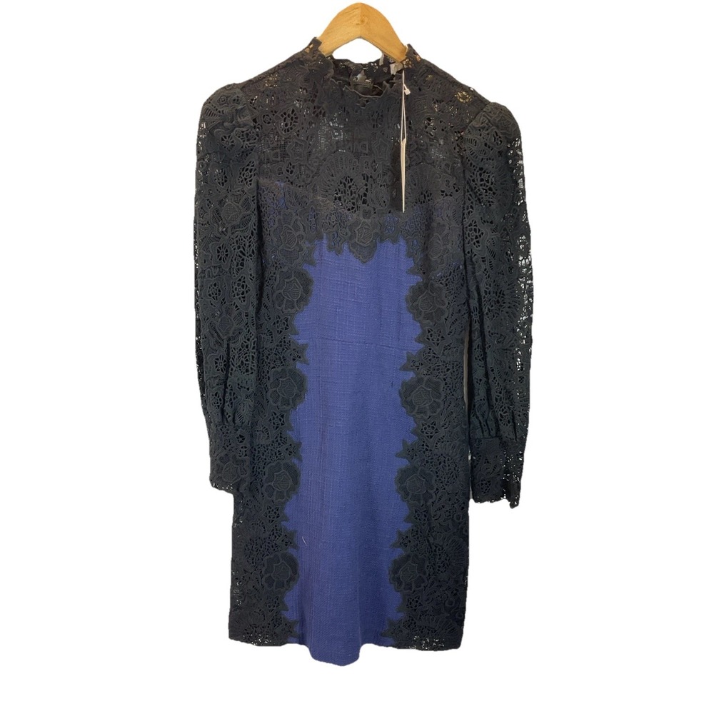Rebecca Taylor Lace & Tweed Dress Size 6 Black Blue Fancy Old Money